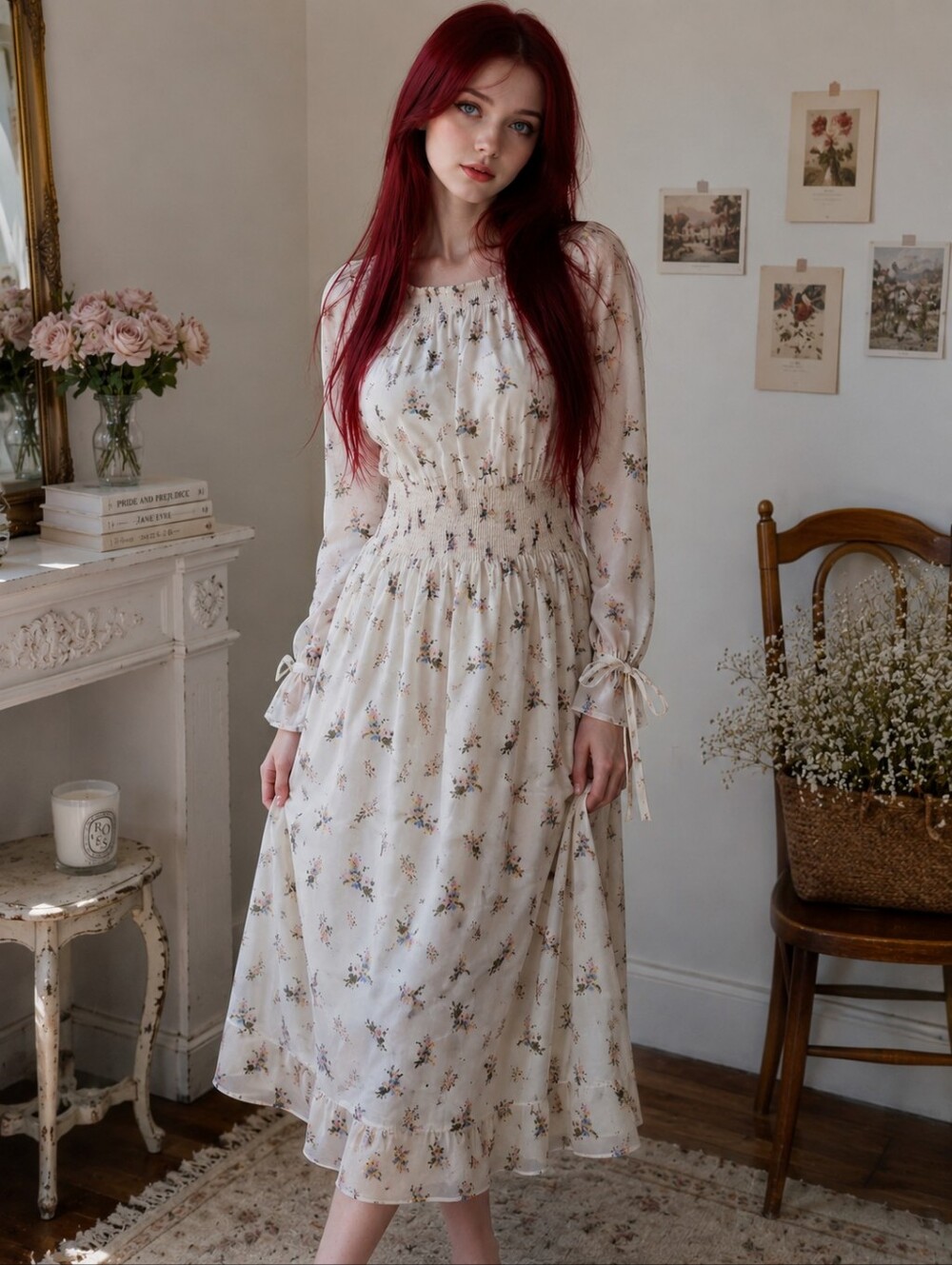Juicy Couture Angel Watercolor Floral Smocked Midi Dress XL Cottagecore